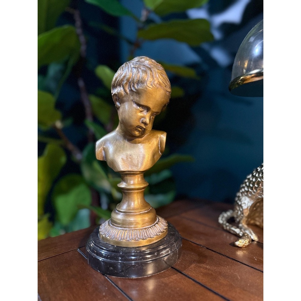 Vintage Maitland Smith Child Bust Brass Finish Marble Base Sculpture‎